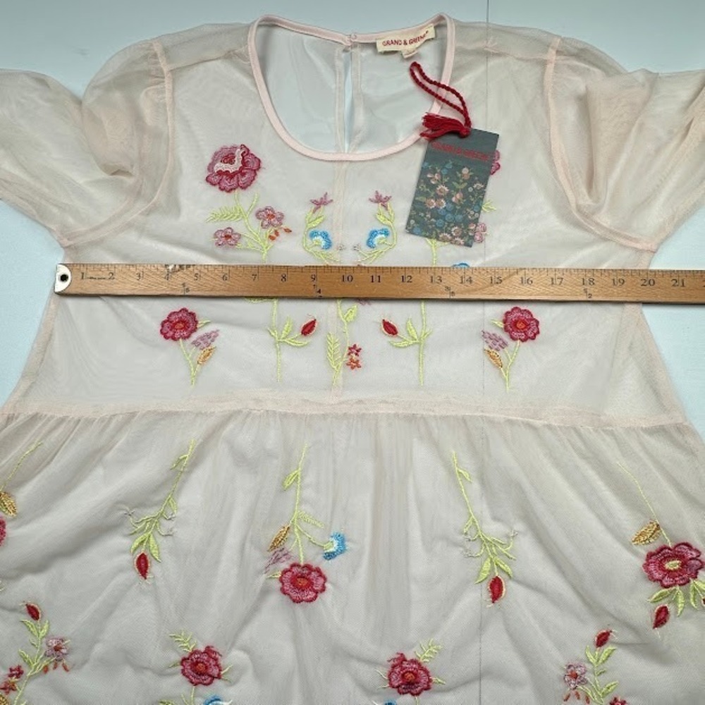 Grand Greene Top Womens Large Pink Embroidered Floral Sheer Romantic Whimsy Boho - Picture 11 of 13